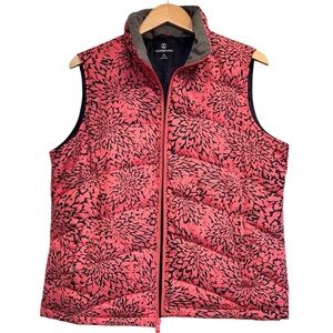 Lands End Down Vest Chrysanthemum Print Quilted Large 14-16 Red Blue Pockets